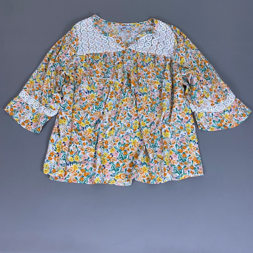 Croft & Barrow Blouse Top Women's Plus 1X Floral Lace Yoke 3/4 Bell Sleeve Rayon